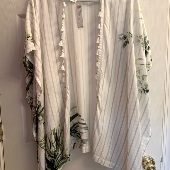 Chico's Sweaters - Chico's White, Ivory and Olive Leaves Tassel Kimono NWT OS M-4x
